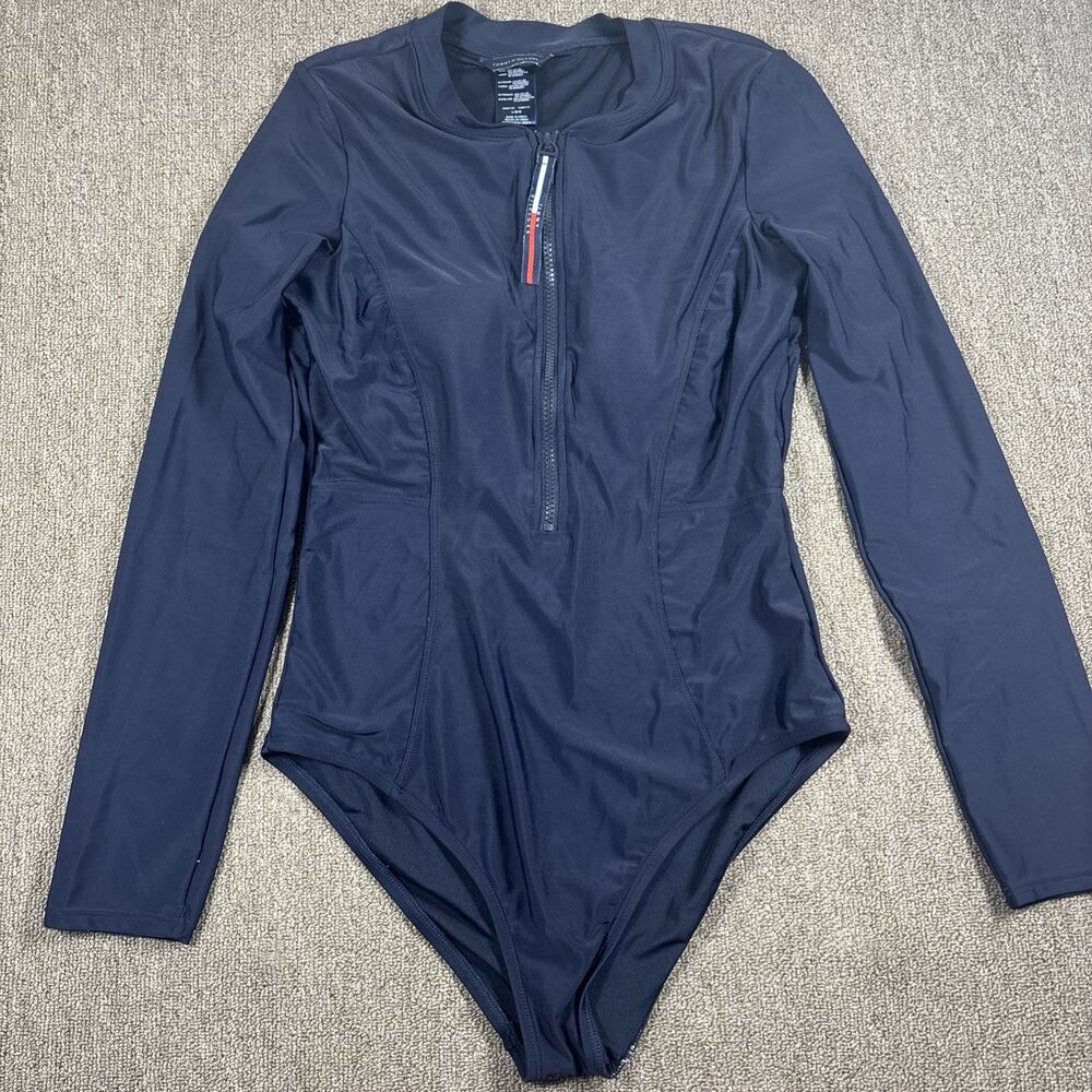 Tommy Hilfiger Womens L Long Sleeve One Piece Swimsuit Zip Front Navy Blue